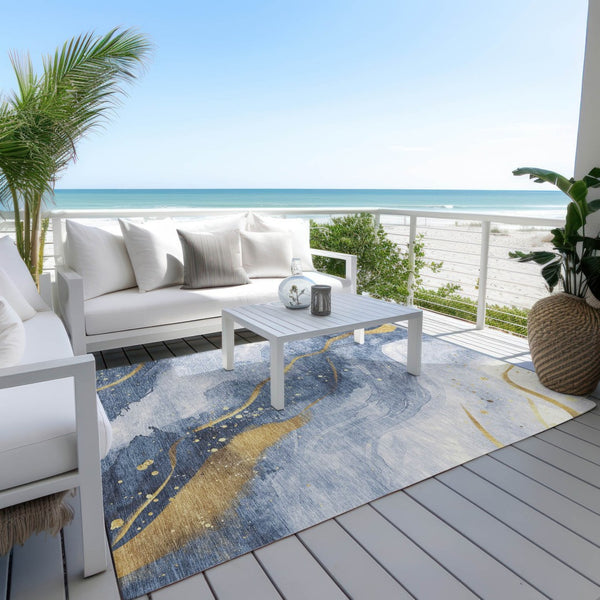 HomeRoots 5' Blue and Gold Abstract Washable Area Rug - Stylish, Durable Design for Indoor and Outdoor Spaces 10' X 14' 611340