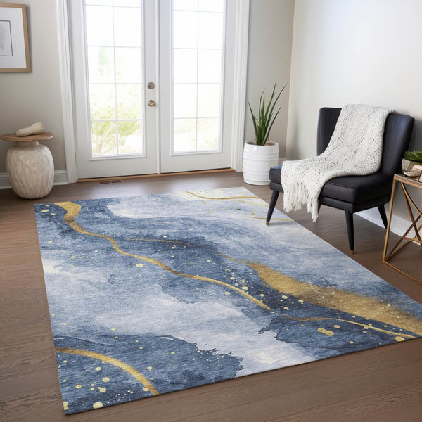 HomeRoots 5' Blue and Gold Abstract Washable Area Rug - Stylish, Durable Design for Indoor and Outdoor Spaces 10' X 14' 611340