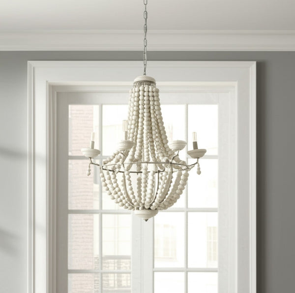 HomeRoots Silver Elegant Six-Light Dimmable Chandelier with Beaded Accents for Modern Farmhouse Decor 611343