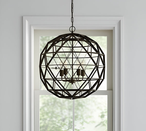 HomeRoots Black Caged Four-Light Metal Chandelier - Modern Industrial Design, Dimmable & Adjustable for Any Space 611344