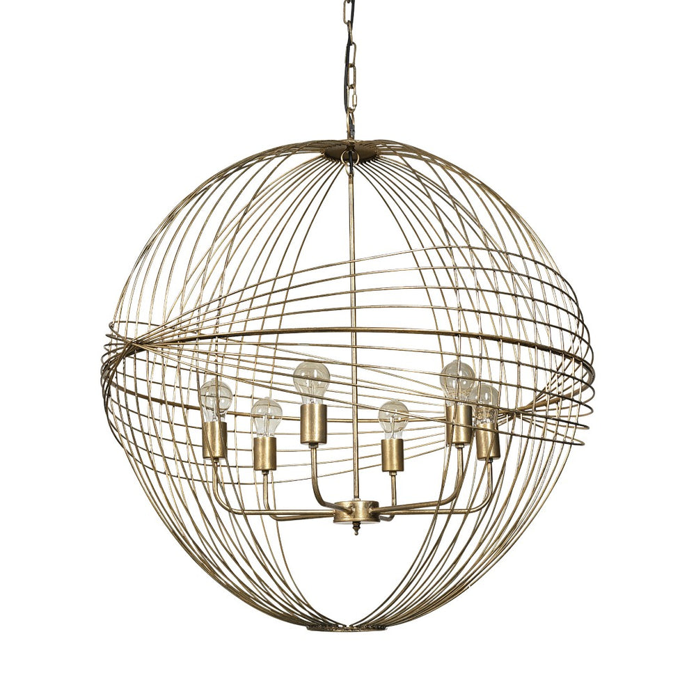 HomeRoots Gold Caged Six-Light Chandelier: Modern Industrial Design with Adjustable Height & Dimmable Glass Shades 611346