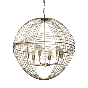 HomeRoots Gold Caged Six-Light Chandelier: Modern Industrial Design with Adjustable Height & Dimmable Glass Shades 611346