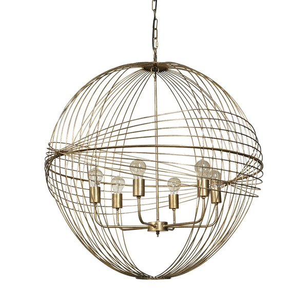 HomeRoots Gold Caged Six-Light Chandelier: Modern Industrial Design with Adjustable Height & Dimmable Glass Shades 611346