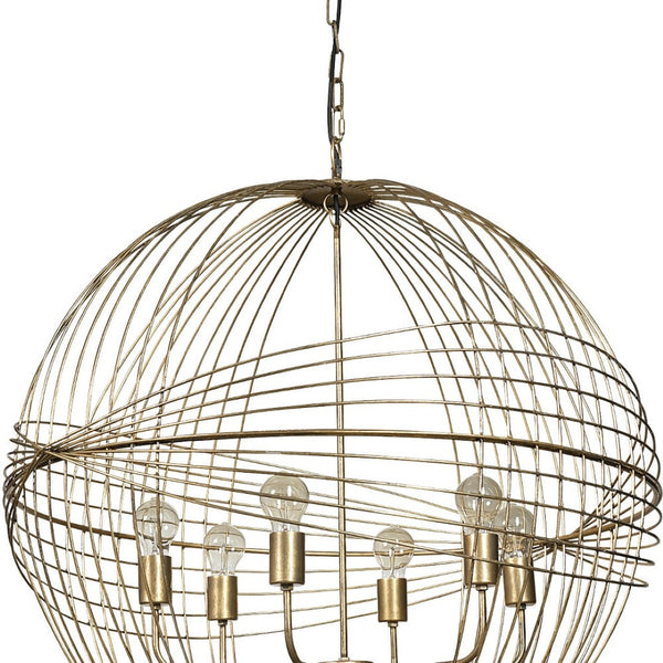 HomeRoots Gold Caged Six-Light Chandelier: Modern Industrial Design with Adjustable Height & Dimmable Glass Shades 611346