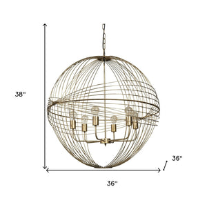 HomeRoots Gold Caged Six-Light Chandelier: Modern Industrial Design with Adjustable Height & Dimmable Glass Shades 611346