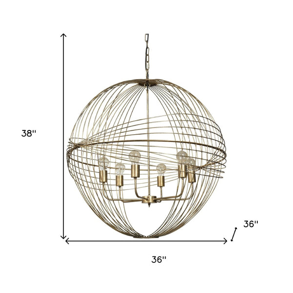 HomeRoots Gold Caged Six-Light Chandelier: Modern Industrial Design with Adjustable Height & Dimmable Glass Shades 611346