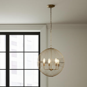 HomeRoots Gold Caged Six-Light Chandelier: Modern Industrial Design with Adjustable Height & Dimmable Glass Shades 611346