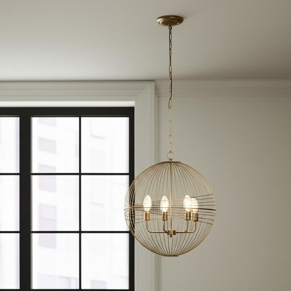 HomeRoots Gold Caged Six-Light Chandelier: Modern Industrial Design with Adjustable Height & Dimmable Glass Shades 611346