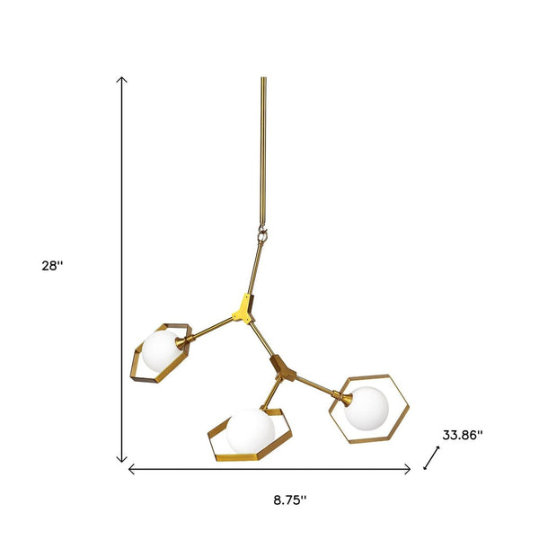 HomeRoots Brass Three-Light Geometric Chandelier with Dimmable LED, White Shades & Adjustable Suspension Style 611348
