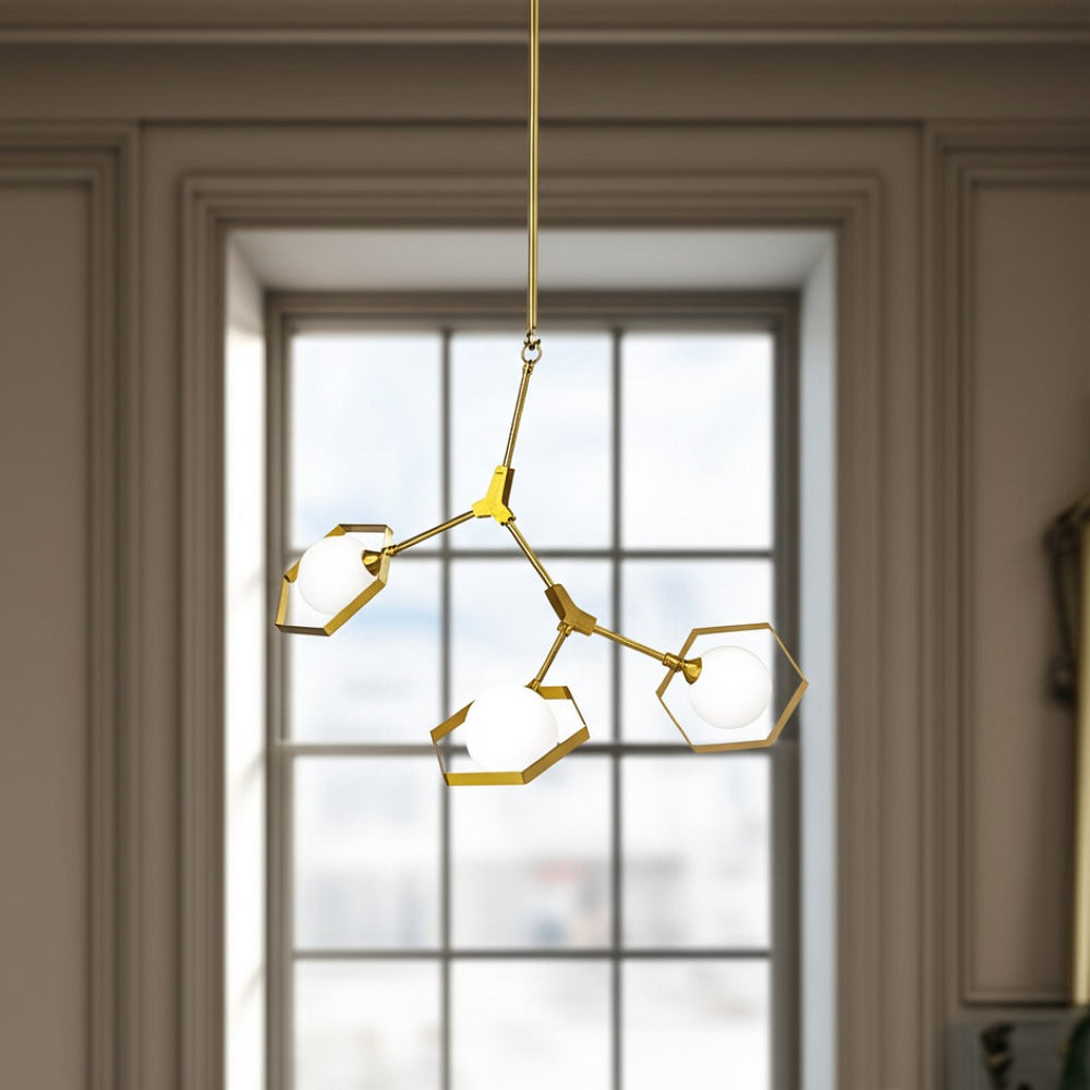 HomeRoots Brass Three-Light Geometric Chandelier with Dimmable LED, White Shades & Adjustable Suspension Style 611348