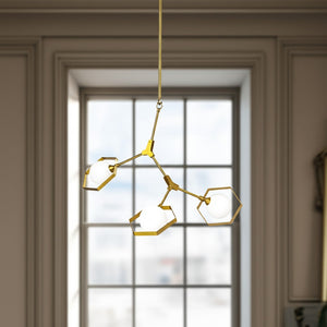 HomeRoots Brass Three-Light Geometric Chandelier with Dimmable LED, White Shades & Adjustable Suspension Style 611348
