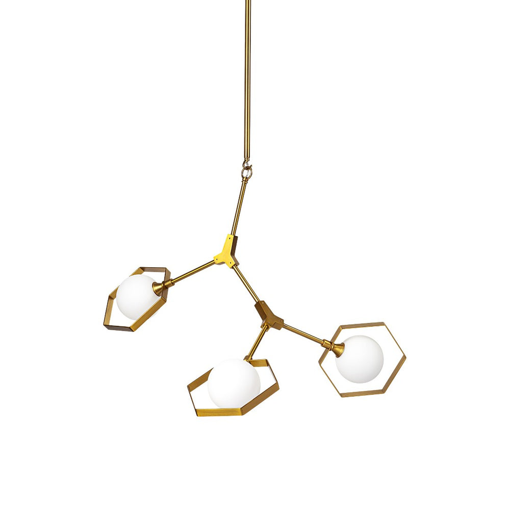 HomeRoots Brass Three-Light Geometric Chandelier with Dimmable LED, White Shades & Adjustable Suspension Style 611348