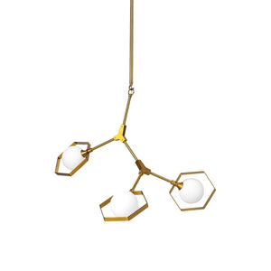 HomeRoots Brass Three-Light Geometric Chandelier with Dimmable LED, White Shades & Adjustable Suspension Style 611348