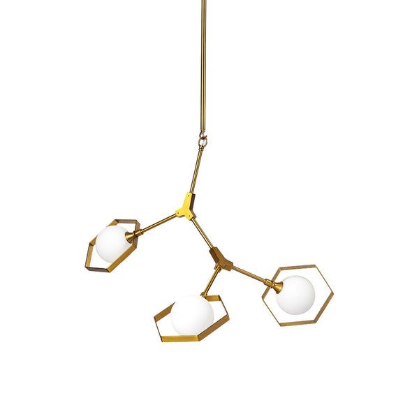 HomeRoots Brass Three-Light Geometric Chandelier with Dimmable LED, White Shades & Adjustable Suspension Style 611348