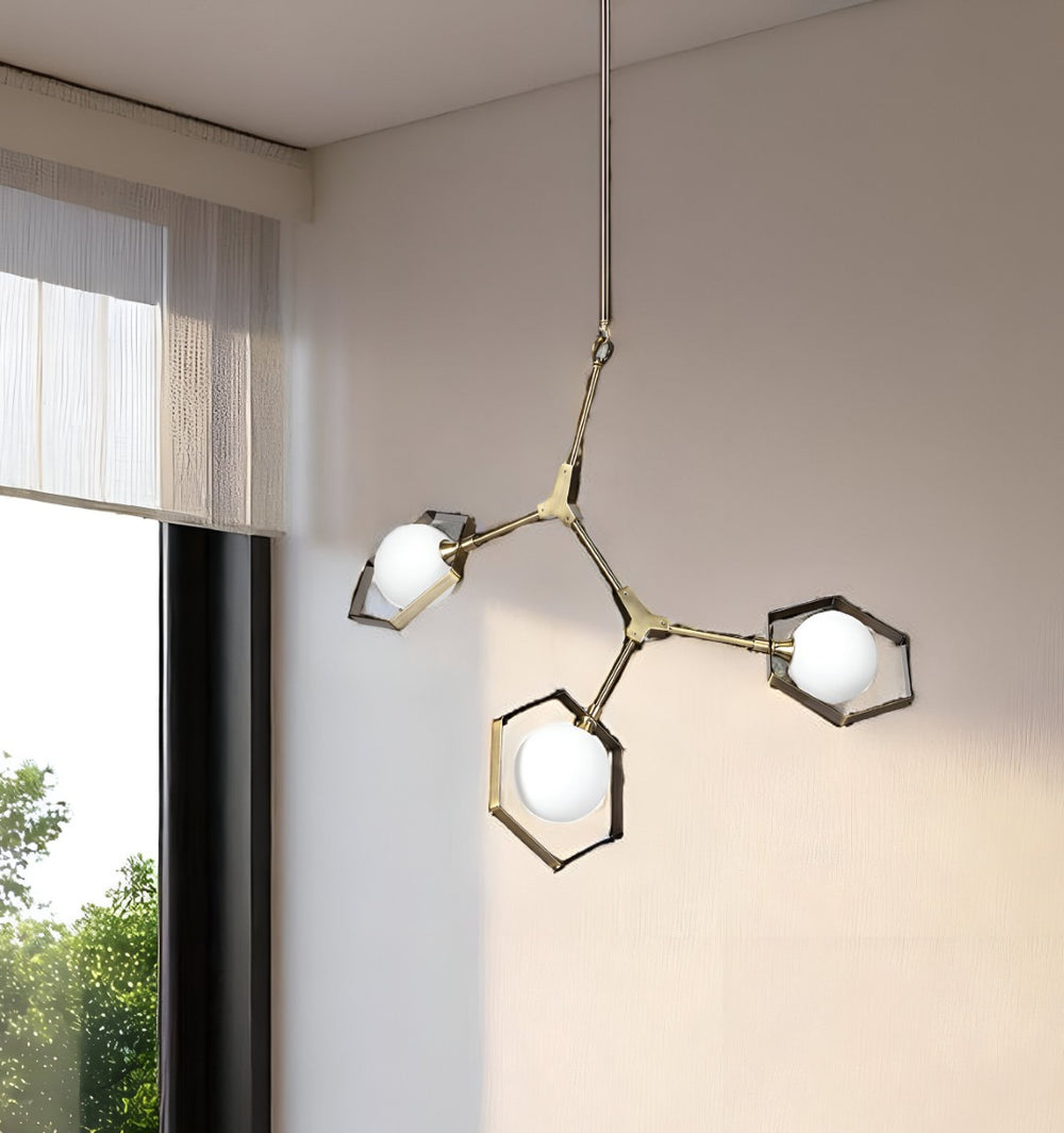 HomeRoots Champagne Modern Geometric Three-Light Dimmable Chandelier with White Shades for Elegant Spaces 611349