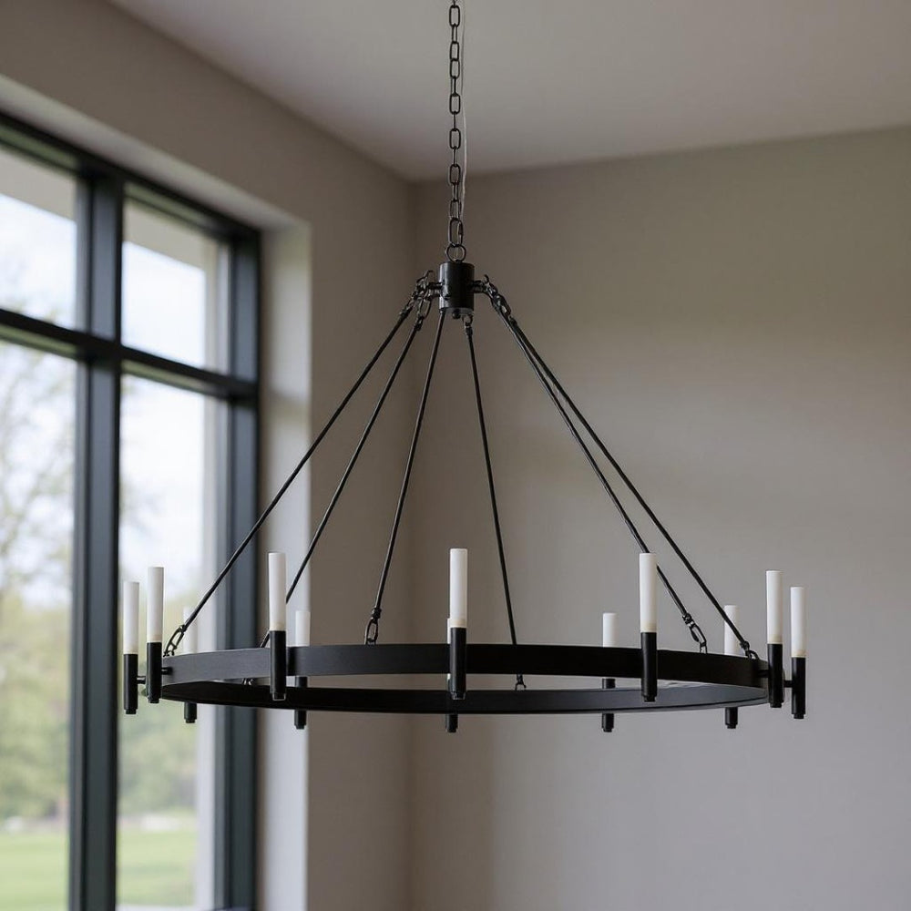 HomeRoots Black Candle-Style Twelve-Light Chandelier - Modern Farmhouse Wagon-Wheel Design for Elegant Spaces 611350