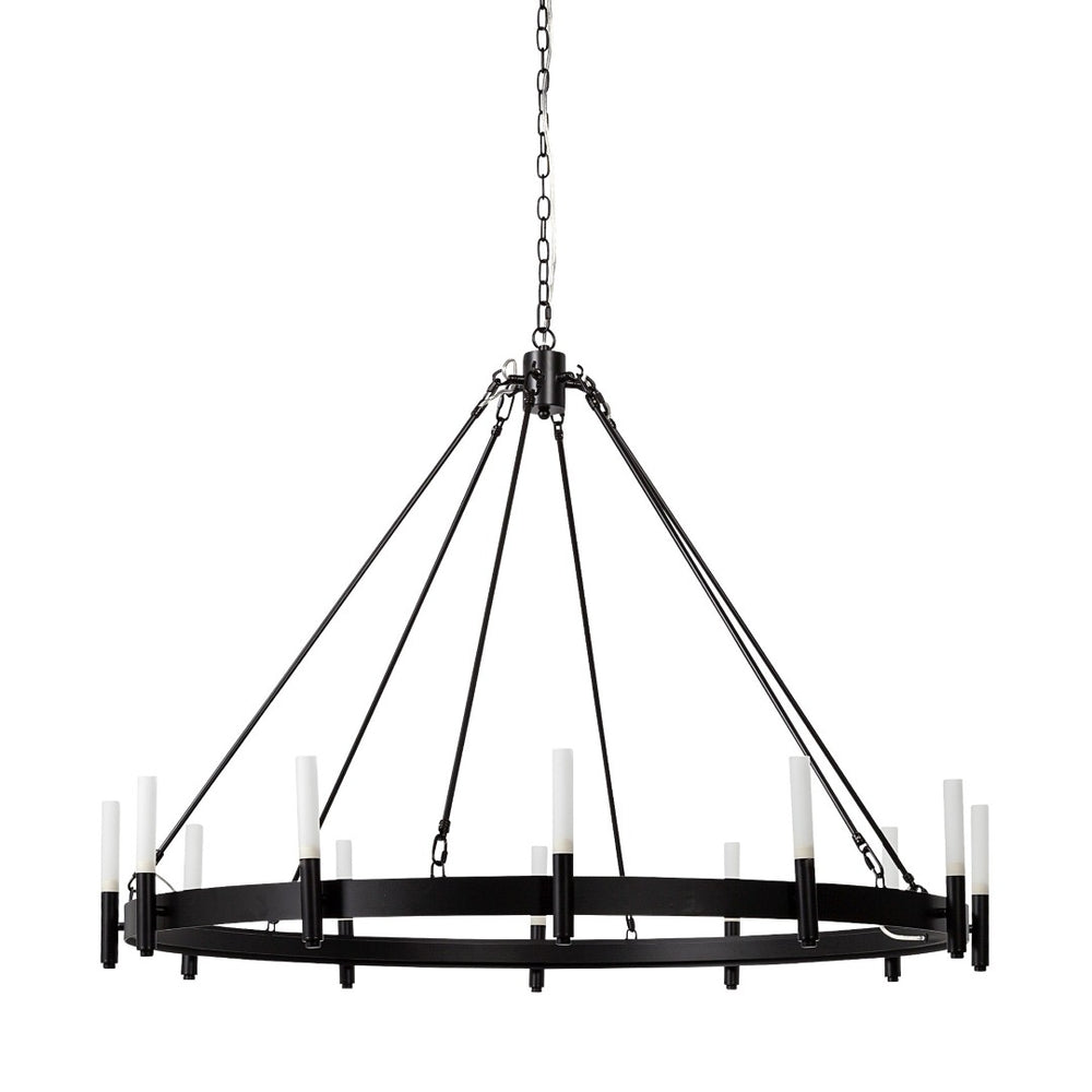 HomeRoots Black Candle-Style Twelve-Light Chandelier - Modern Farmhouse Wagon-Wheel Design for Elegant Spaces 611350