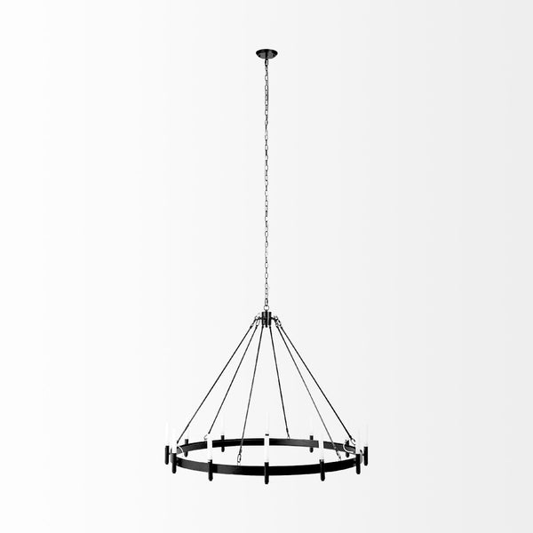 HomeRoots Black Candle-Style Twelve-Light Chandelier - Modern Farmhouse Wagon-Wheel Design for Elegant Spaces 611350