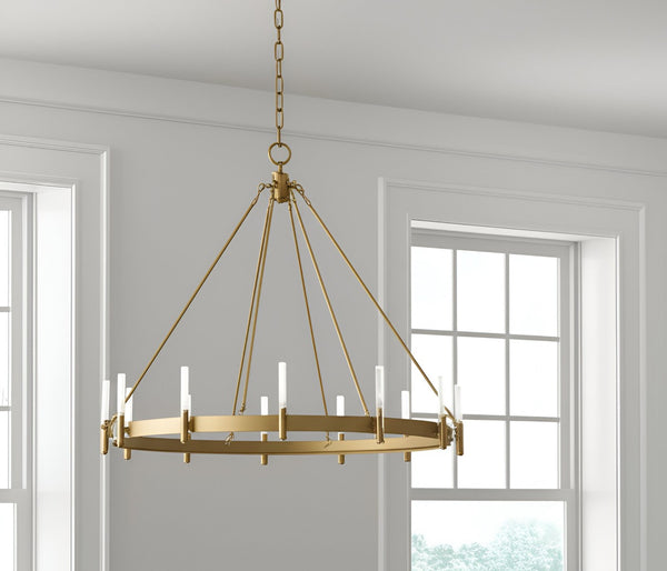 HomeRoots Gold Candle-Style Twelve-Light Chandelier: Elegant Dimmable Glass Fixture for Modern Farmhouse Decor 611351