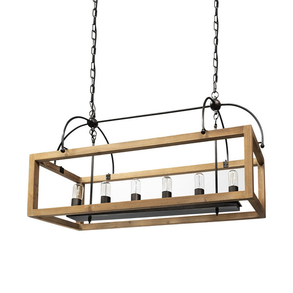 HomeRoots Natural Candle-Style Six-Light Chandelier: Modern Wood & Metal Design for Elegant Ambiance 611353