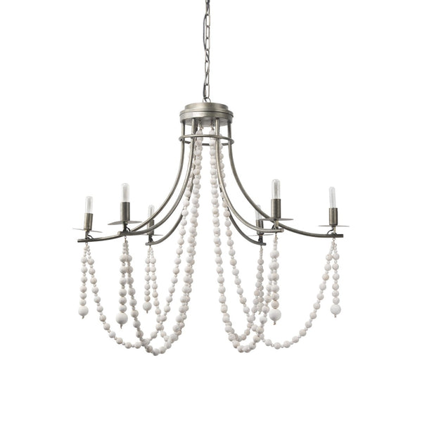HomeRoots White Elegant Dimmable Chandelier - Six-Light Candle-Style Fixture with Bead Accents for Any Space 611354