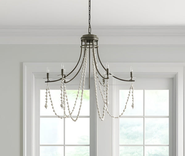 HomeRoots White Elegant Dimmable Chandelier - Six-Light Candle-Style Fixture with Bead Accents for Any Space 611354