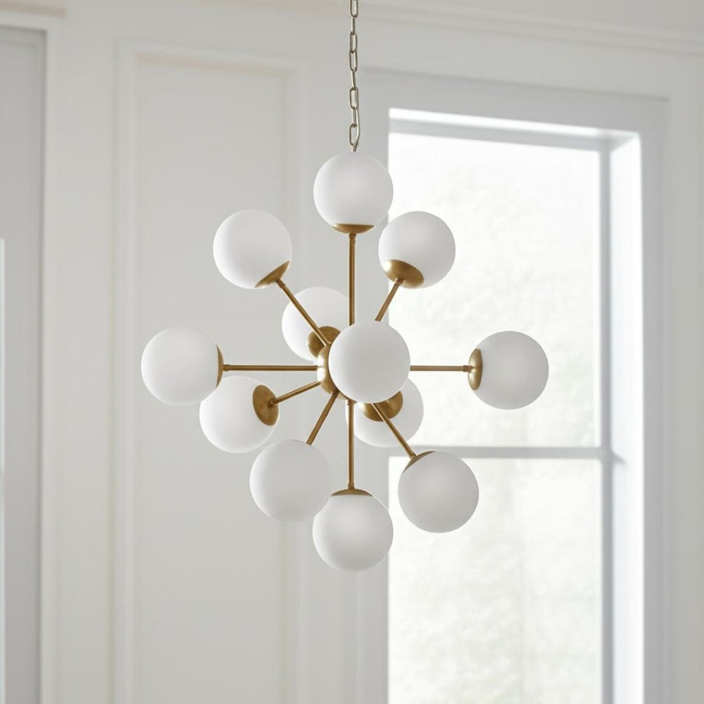 HomeRoots Gold Sputnik Eleven-Light Chandelier - Modern Dimmable Fixture with Frosted Glass & White Shades 611357