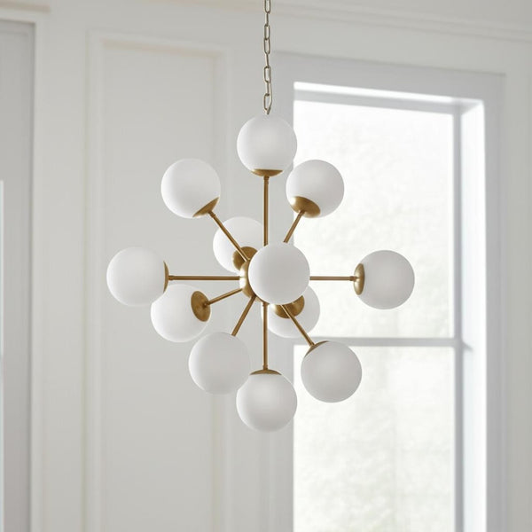 HomeRoots Gold Sputnik Eleven-Light Chandelier - Modern Dimmable Fixture with Frosted Glass & White Shades 611357