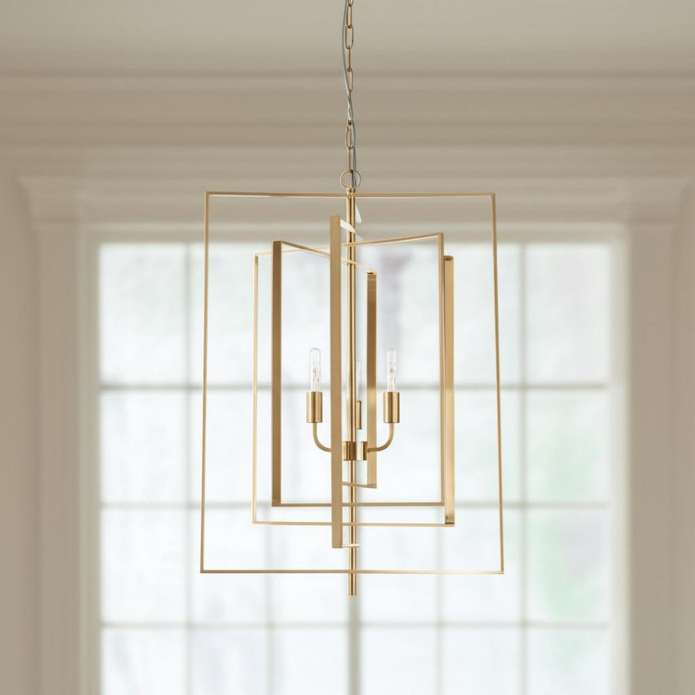 HomeRoots Antiqued Gold Geometric Chandelier - Four Light Dimmable Design for Elegant Interiors & Adjustable Style 611358