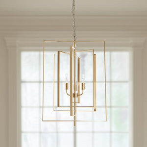 HomeRoots Antiqued Gold Geometric Chandelier - Four Light Dimmable Design for Elegant Interiors & Adjustable Style 611358