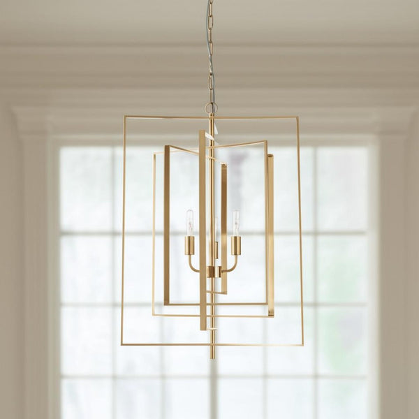 HomeRoots Antiqued Gold Geometric Chandelier - Four Light Dimmable Design for Elegant Interiors & Adjustable Style 611358