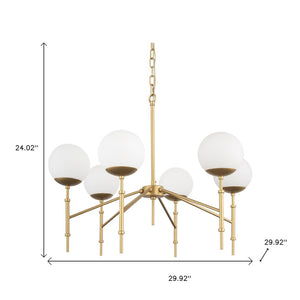 HomeRoots Gold Sputnik Six-Light Dimmable Chandelier with Frosted Glass Shades for Modern Elegance & Warmth 611359