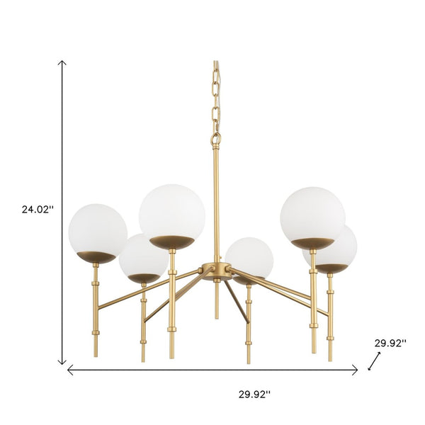 HomeRoots Gold Sputnik Six-Light Dimmable Chandelier with Frosted Glass Shades for Modern Elegance & Warmth 611359