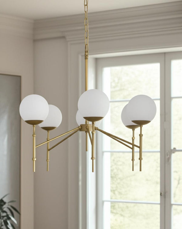 HomeRoots Gold Sputnik Six-Light Dimmable Chandelier with Frosted Glass Shades for Modern Elegance & Warmth 611359