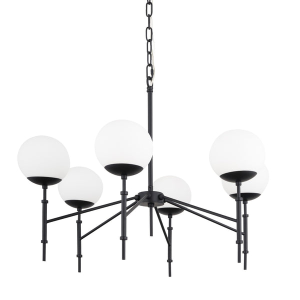 HomeRoots Black Sputnik Six-Light Chandelier - Mid-Century Modern Metal & Frosted Glass Fixture for Any Room 611360
