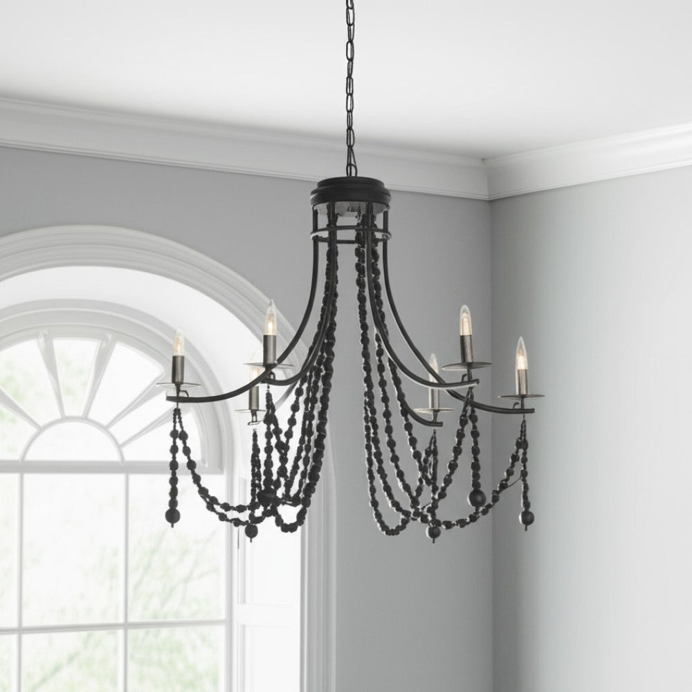 HomeRoots Black Candle-Style Chandelier with Beads - Dimmable Metal Light Fixture for Elegant Spaces 611361