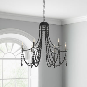 HomeRoots Black Candle-Style Chandelier with Beads - Dimmable Metal Light Fixture for Elegant Spaces 611361