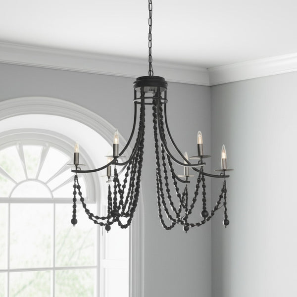 HomeRoots Black Candle-Style Chandelier with Beads - Dimmable Metal Light Fixture for Elegant Spaces 611361
