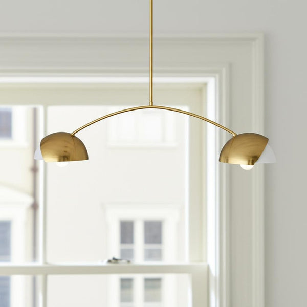 HomeRoots Brass Two-Light Dimmable Chandelier with Elegant White Shades for Stylish Home Ambiance and Versatility 611364