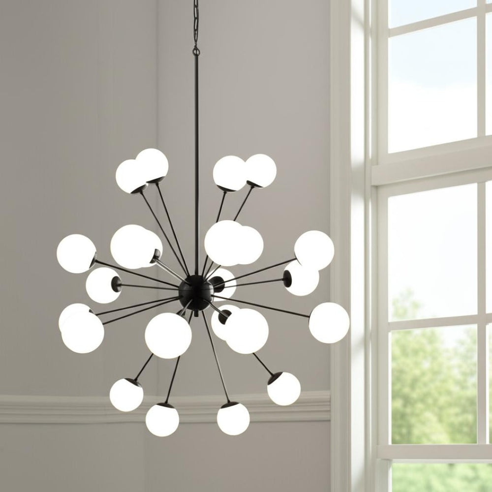 HomeRoots Black Eleven-Light Dimmable Chandelier with Frosted Glass Globes and White Shades for Modern Spaces 611365