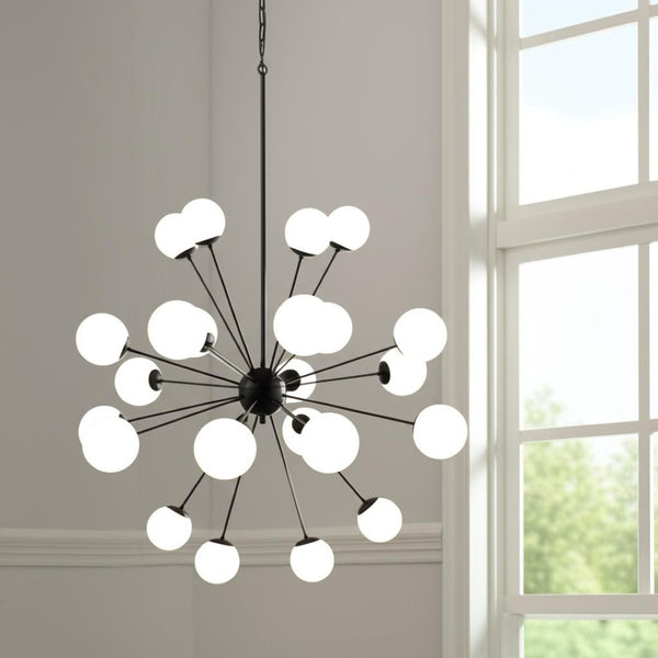 HomeRoots Black Eleven-Light Dimmable Chandelier with Frosted Glass Globes and White Shades for Modern Spaces 611365