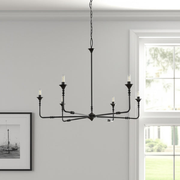 HomeRoots Black Candle-Style Six-Light Metal Chandelier - Modern Elegance for Dining Rooms & Living Spaces 611368