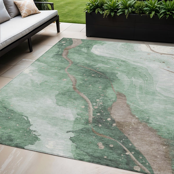 HomeRoots 5' Modern Green and Taupe Abstract Washable Area Rug for Indoor and Outdoor Spaces, Durable Design 5' X 8' 611370