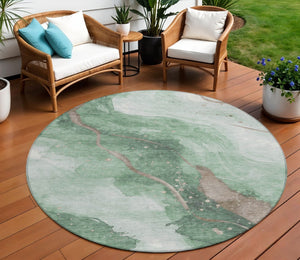 HomeRoots 5' Modern Green and Taupe Abstract Washable Area Rug for Indoor and Outdoor Spaces, Durable Design 8' Round 611371