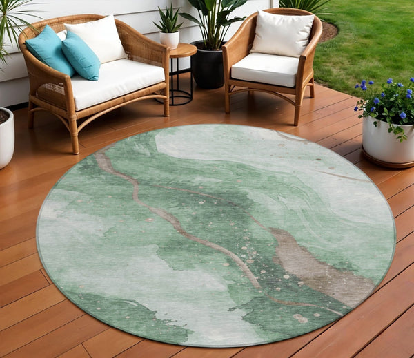 HomeRoots 5' Modern Green and Taupe Abstract Washable Area Rug for Indoor and Outdoor Spaces, Durable Design 8' Round 611371