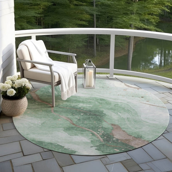 HomeRoots 5' Modern Green and Taupe Abstract Washable Area Rug for Indoor and Outdoor Spaces, Durable Design 8' Round 611371