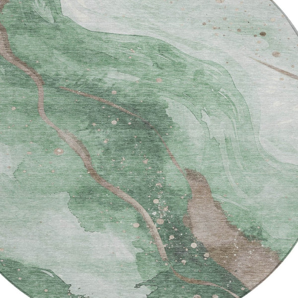 HomeRoots 5' Modern Green and Taupe Abstract Washable Area Rug for Indoor and Outdoor Spaces, Durable Design 8' Round 611371