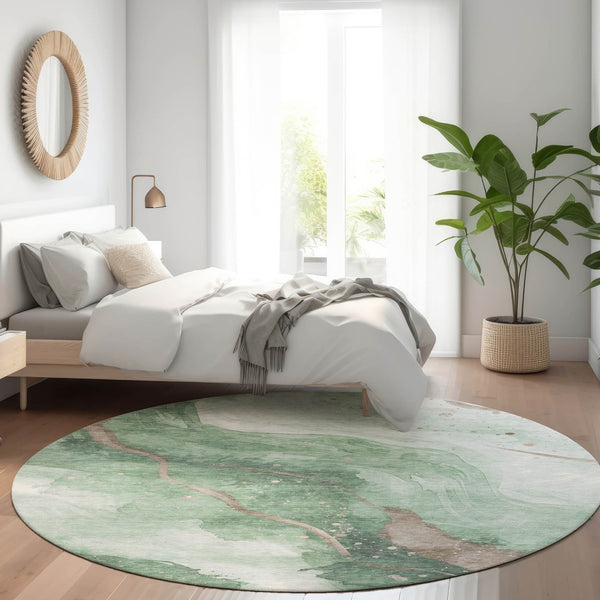 HomeRoots 5' Modern Green and Taupe Abstract Washable Area Rug for Indoor and Outdoor Spaces, Durable Design 8' Round 611371