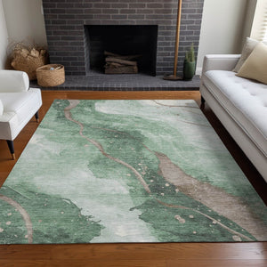 HomeRoots 5' Modern Green and Taupe Abstract Washable Area Rug for Indoor and Outdoor Spaces, Durable Design 8' X 10' 611372