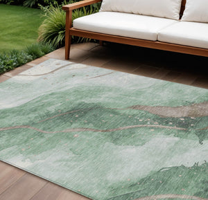 HomeRoots 5' Modern Green and Taupe Abstract Washable Area Rug for Indoor and Outdoor Spaces, Durable Design 9' X 12' 611373